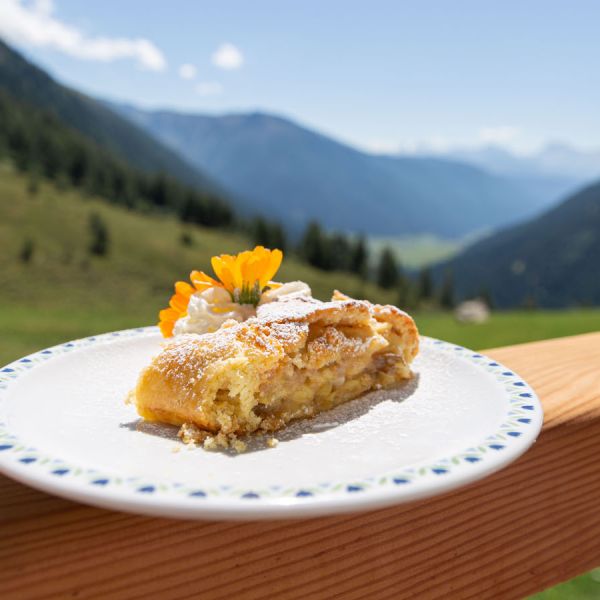 Slice of traditional apple strudel with powdered sugar and whipped cream on wooden terrace railing with mountain valley view