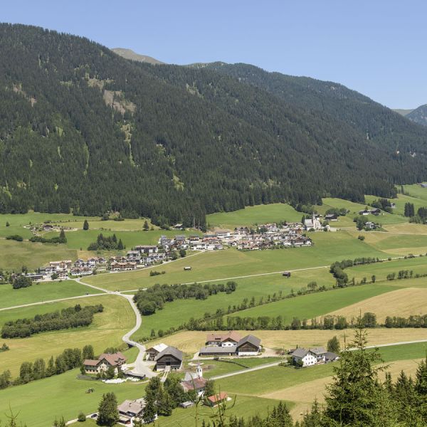 Panoramic summer view of Alpine valley with traditional village, green meadows, scattered farms, and forested mountain slopes